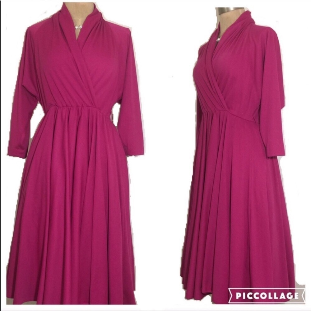 Vintage Faux Wrap 70s Hot Pink Dress Full skirt